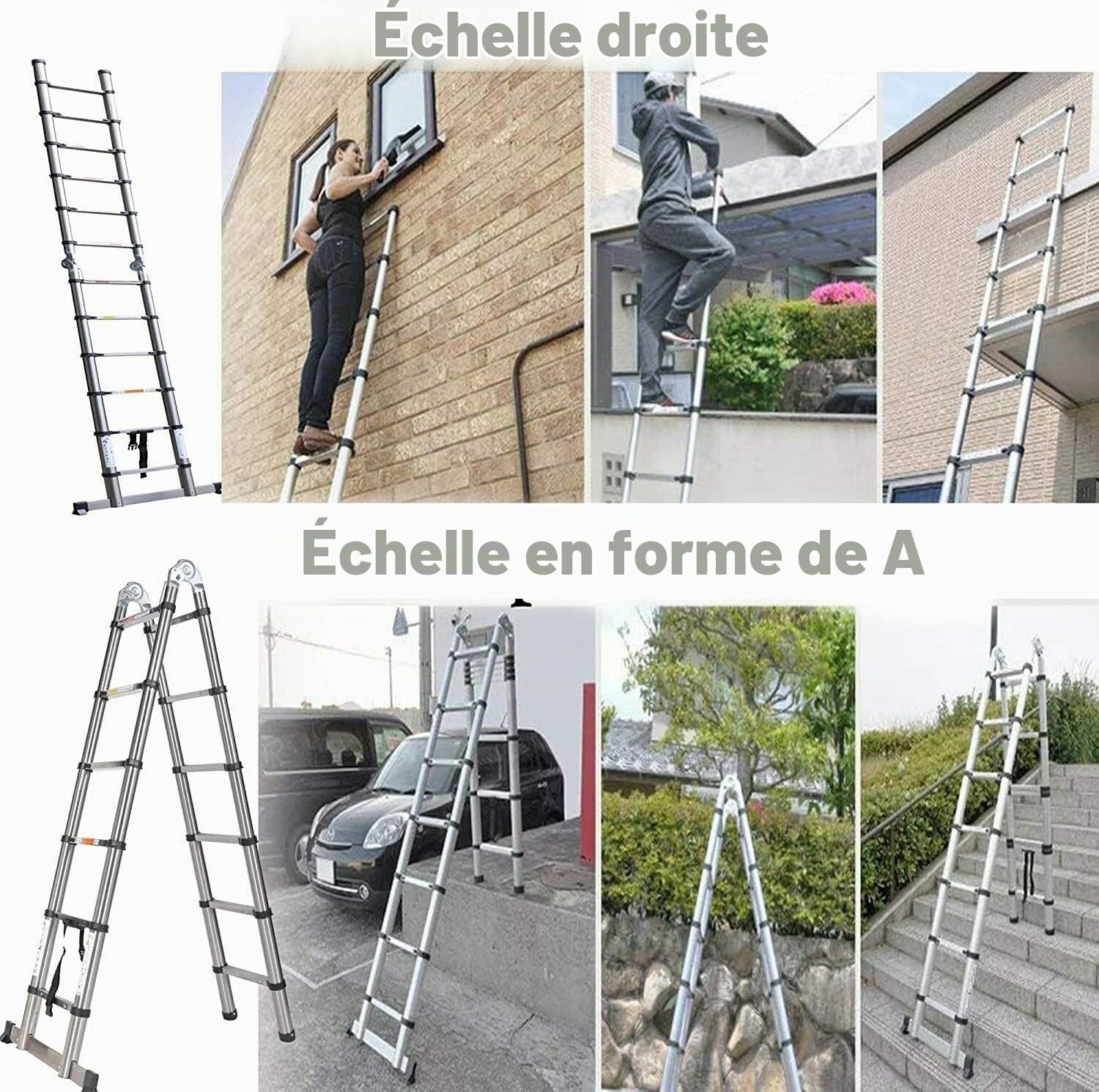 Échelle télescopique de 5m - Antidérapante Echelle Pliante 2 en 1 Echelle Escamotable - Fabriquée en acier Echelle Télescopique Double Plan - charge 150kg - Échelle Escabeau Télescopique(2,5+2,5m)