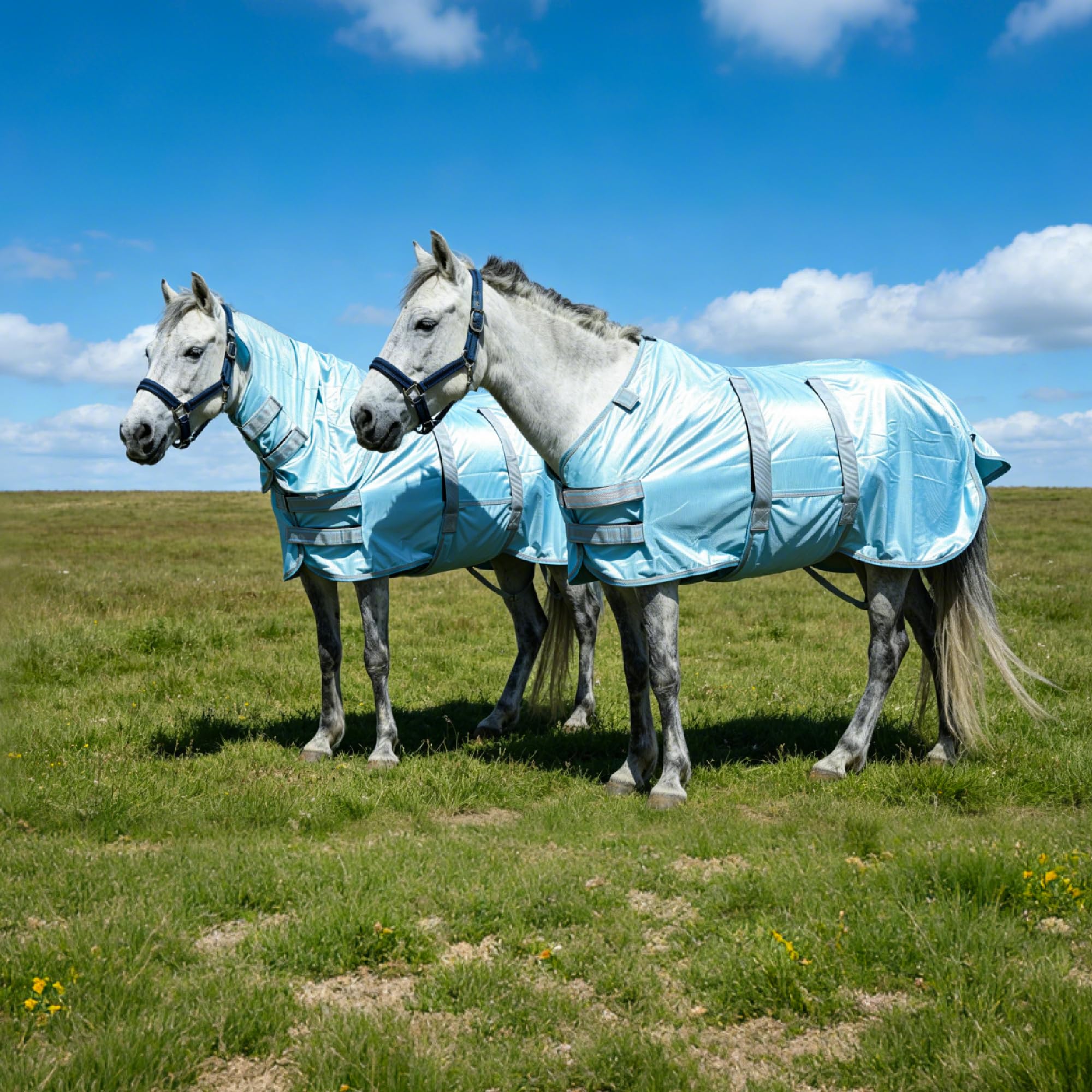 Manta para moscas Pony con cuello desmontable, transpirable y ligera, cómoda, manta de verano para mini caballos Shetty y miniatura, correas ajustables para pecho y vientre azul, 105 cm