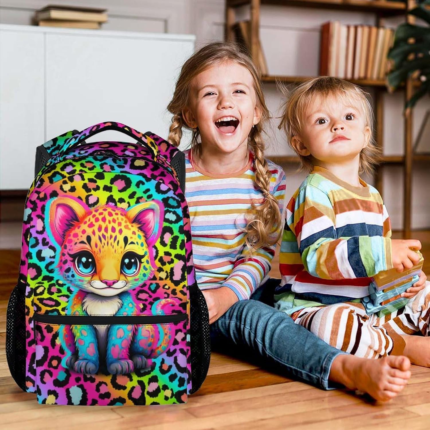 School Backpack for Girls - 17 Inch Kids Cheetah Backpacks Ages 6-8 - Cute Rainbow Leopard Print School Bag for Kindergarten