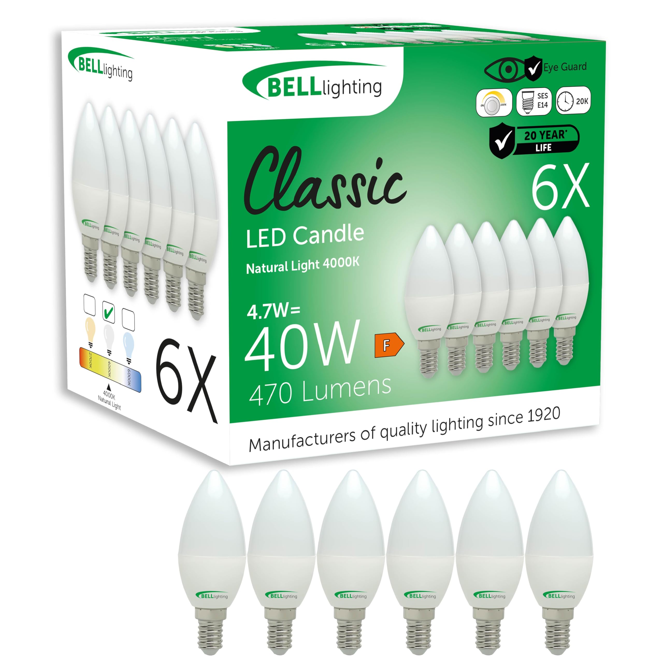 BELL Lighting Small Edison Screw E14 Dimmable Light Bulb LED Candle 6 Pack, Natural White - 4000k