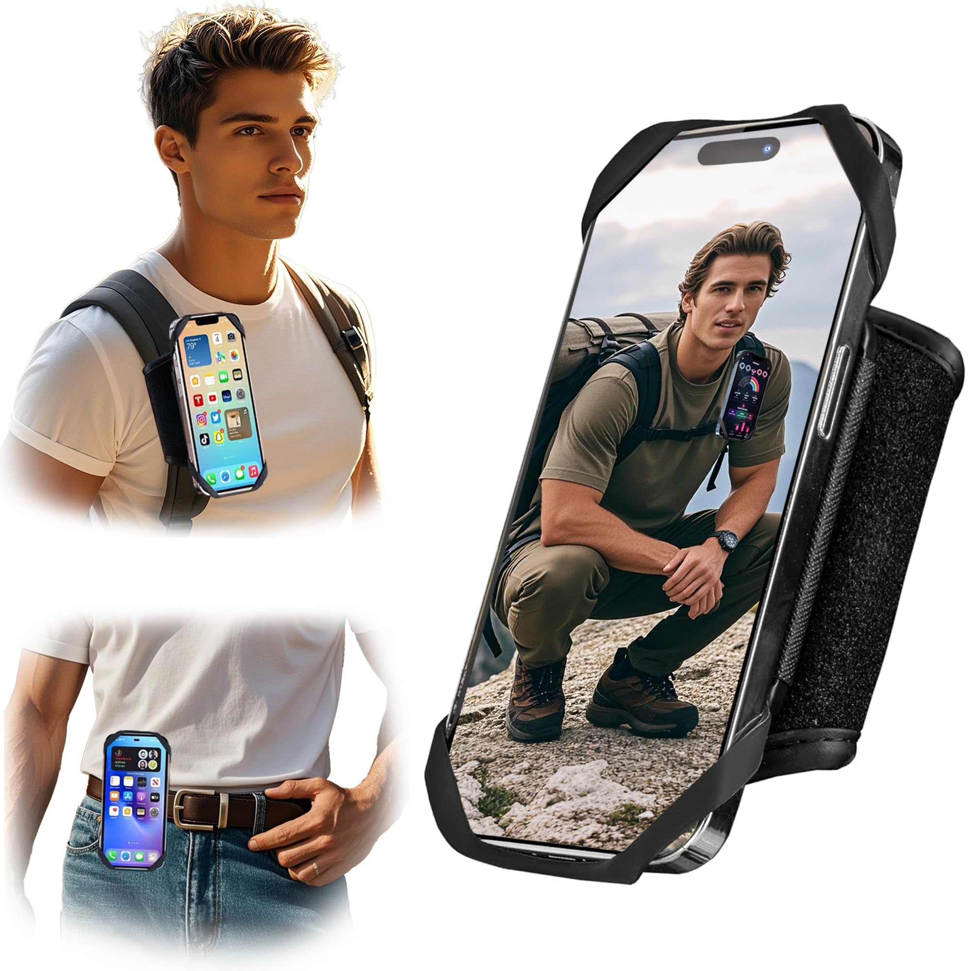 Arovina Backpack Phone Holder, 2 in 1 Backpack Strap Clip & Belt Phone Holder for iPhone 4.5-7", 360° Rotatable, Detachable, Secure Fit 4-7cm Wide Backpack Straps, Perfect for Camping, Hiking, Running