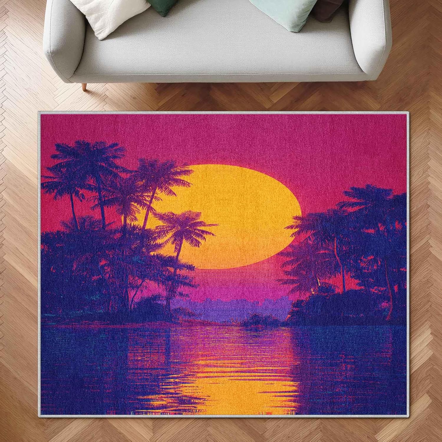 Neon Sunset Rug 2x3 for Entryway Synthwave Area Rugs for Indoor Door Mat Bedroom Tropical Palm Tree Retrowave Carpet Washable Soft Low Pile Non Slip Home Decor Carpet