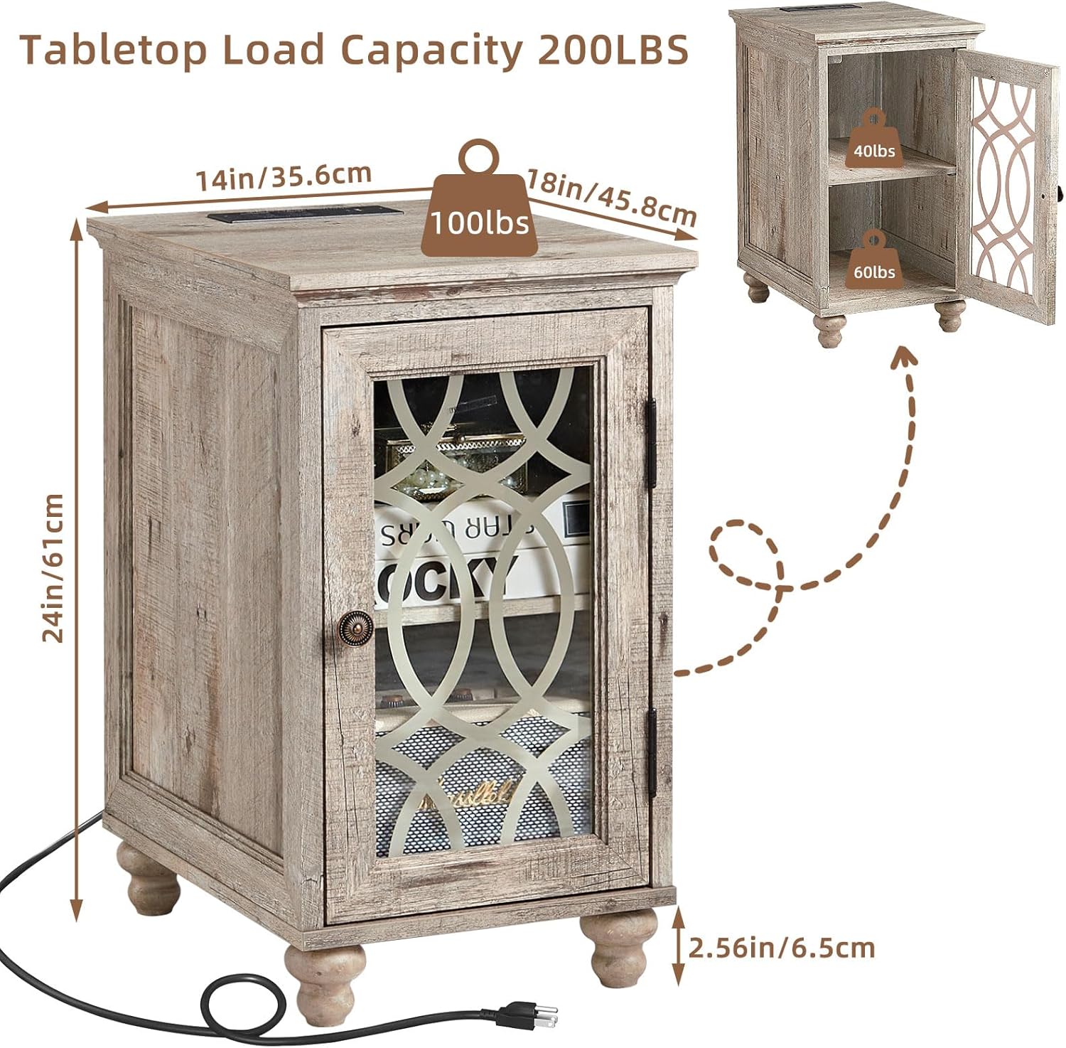 Narrow Side Table with Charging Station Set of 2, Night Stand with Glass Door,Bedside End Tables with Adjustable Shelf Storage Cabinet,Wood Nightstand for Small Spaces Living Room Bedroom with Charger Grey Oak 2