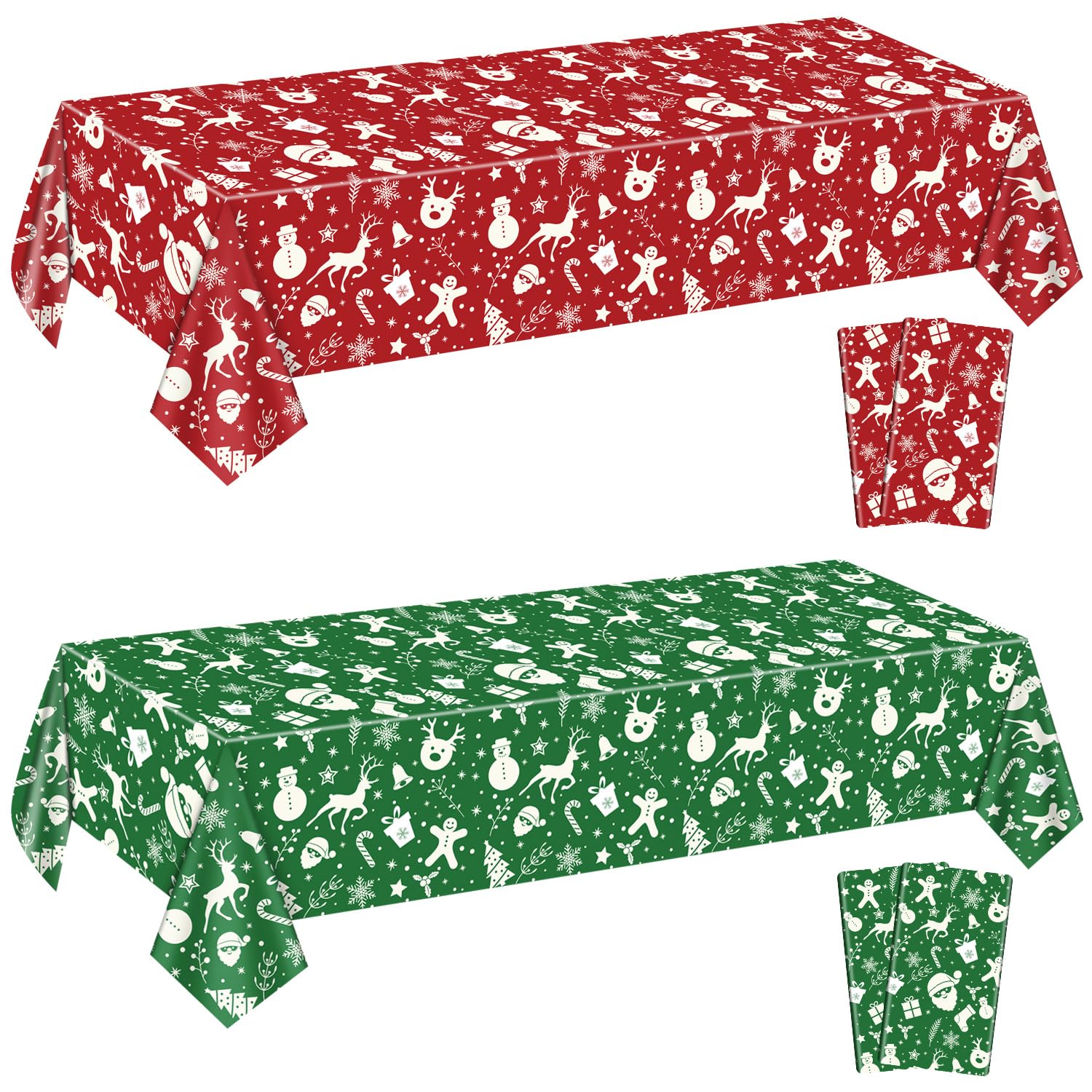 Manteles de Navidad para Mesa Rectangular, 220x130cm Papá Noel Muñeco de Nieve Reno Copo de Nieve Mantel de Mesa de Navidad para Fiestas de Navidad Eventos de Invierno Decoraciones, Rojo y Verde, 4pcs