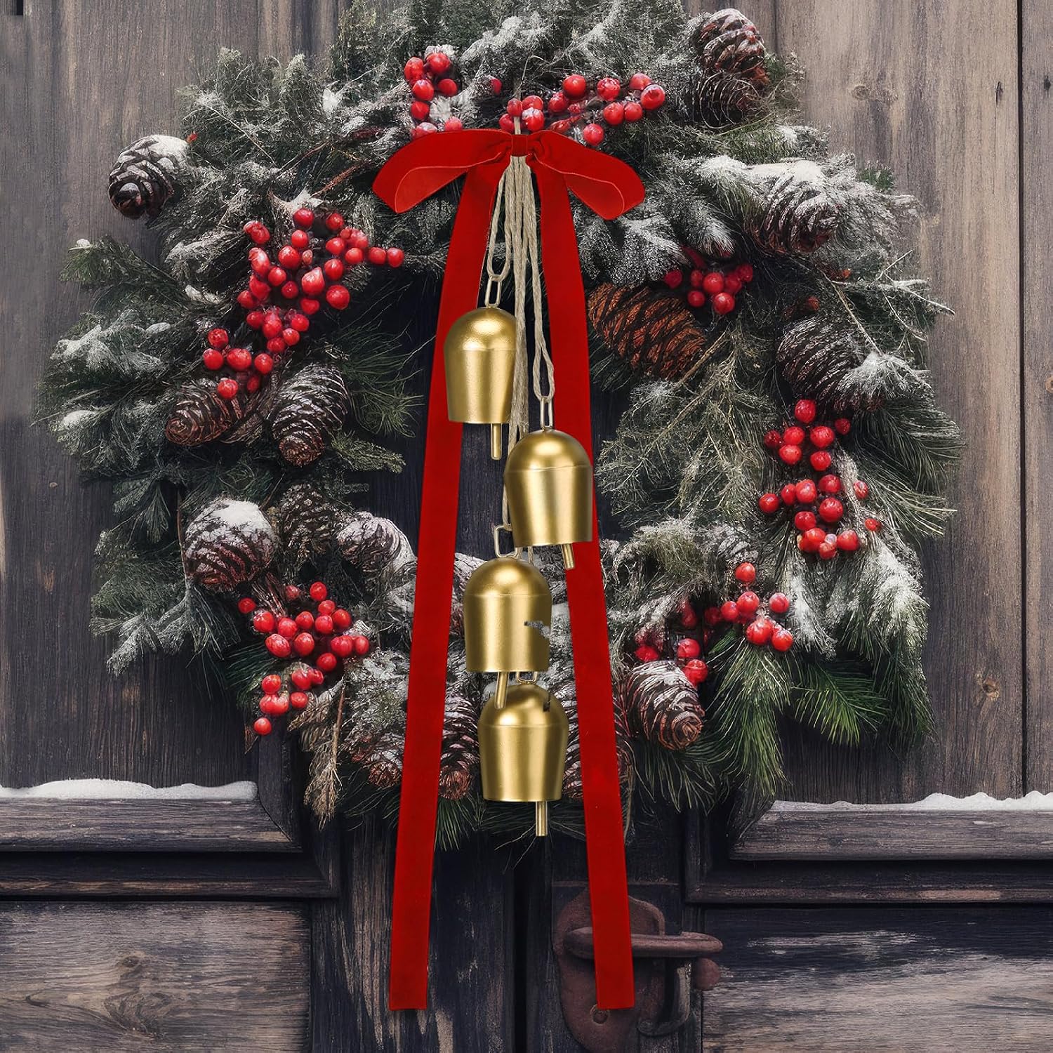 Marsui 2 Sets Christmas Gold Bells with Red Velvet Bows