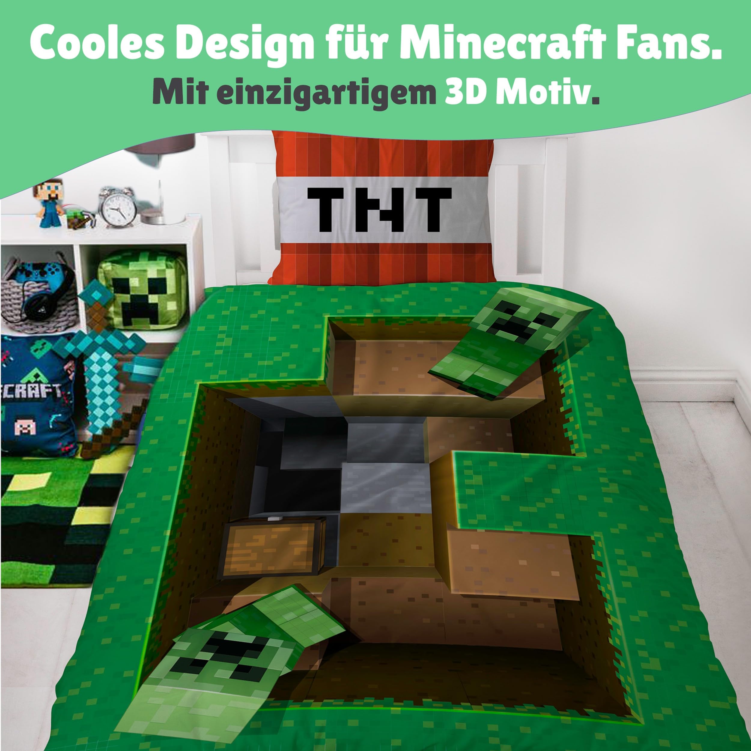 Minecraft Bettwäsche 135x200 Set mit Kissenbezug 80x80 cm für Jungen - Weiche und atmungsaktive Kinderbettwäsche aus 100% Baumwolle - Öko-Tex Zertifiziert - Reißverschluss mit Creeper Blöcken