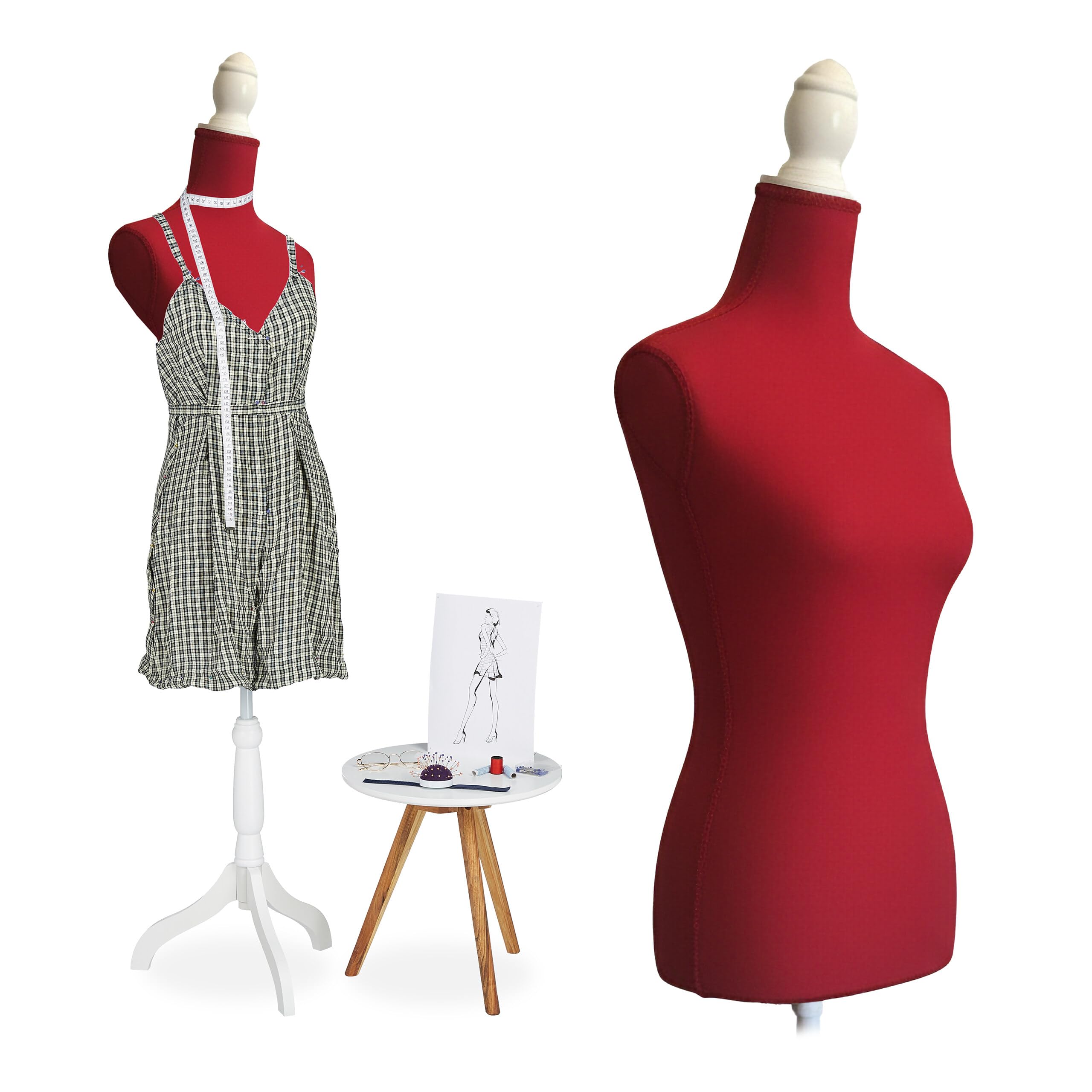 Manichino da sarta Relaxdays, Femminile, Taglia 36/​38, Regolabile in Altezza 160–175 cm, con Base in Legno, Rosso