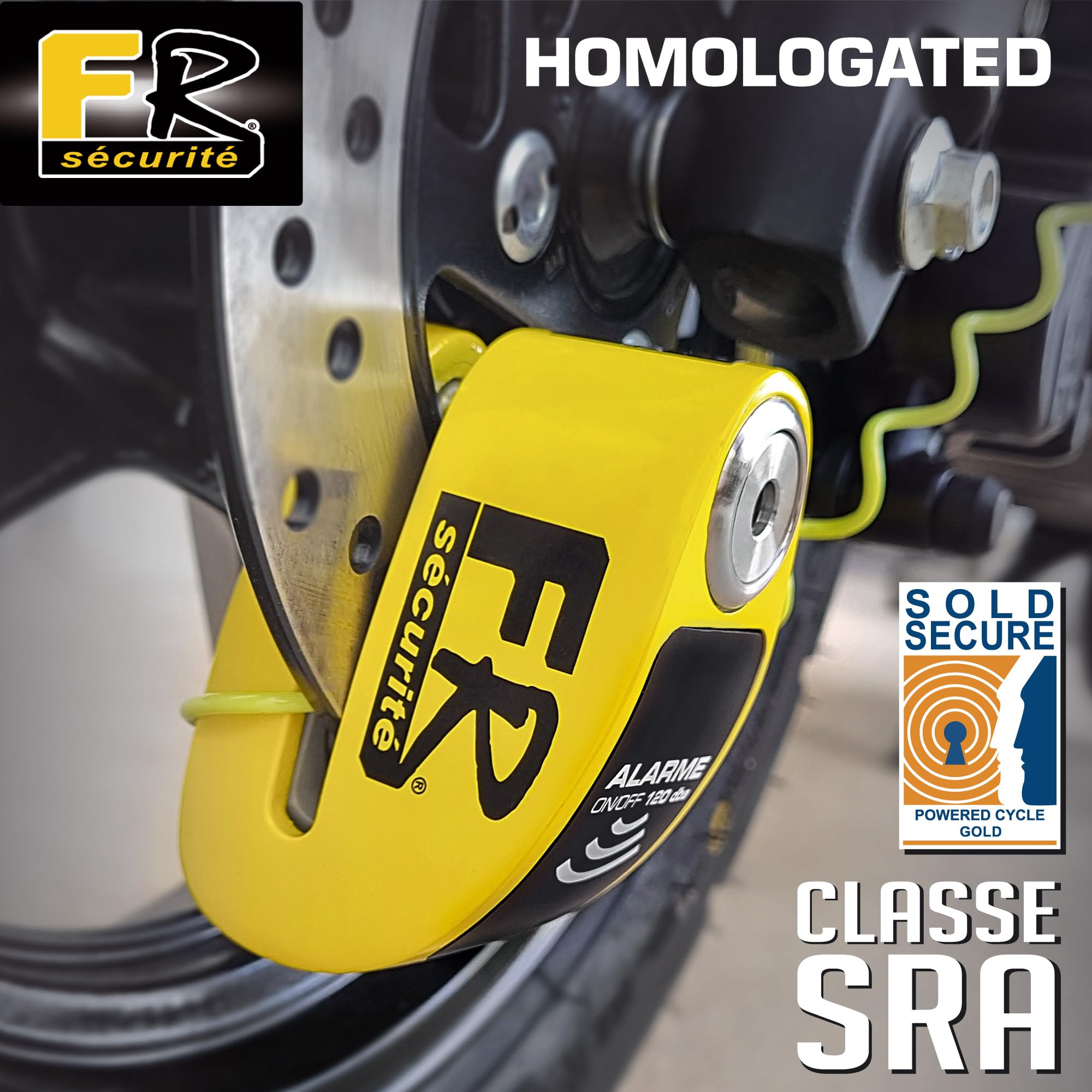 FR SECURITE FR410Y Bloccadisco Moto Lucchetto Omologato Allarme 120dB Opzionale, Doppia Chiusura ø10mm, Serratura Alta Sicurezza, Acciaio Inossidabile, Antifurto Blocco Scooter Bicicletta