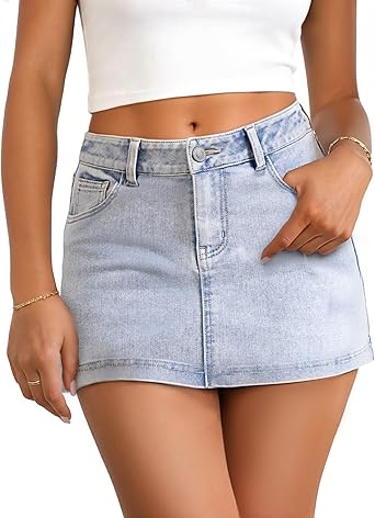 DLOODA Womens Denim Jean Skirt, Stretchy Mid Rise Jean Mini Skirt Trendy Y2k Cute Micro Jean Skirts Zip Fly with 4 Pockets Light Blue