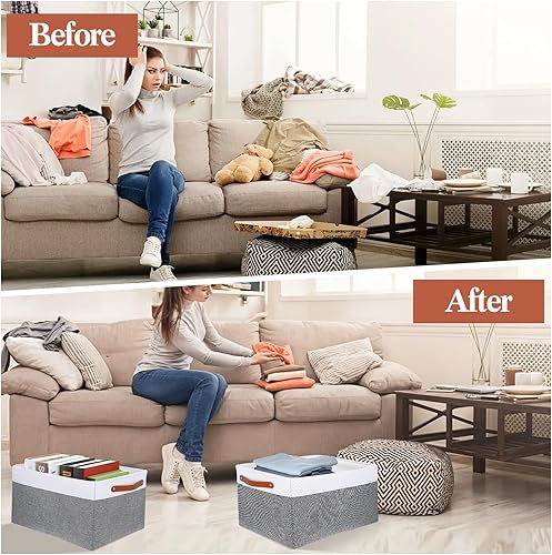 Miniatura 5 de Paquete de 4 contenedores de almacenamiento de gran capacidad para estantes, cestas de almacenamiento de armario de tela, cajas con asas de cuero