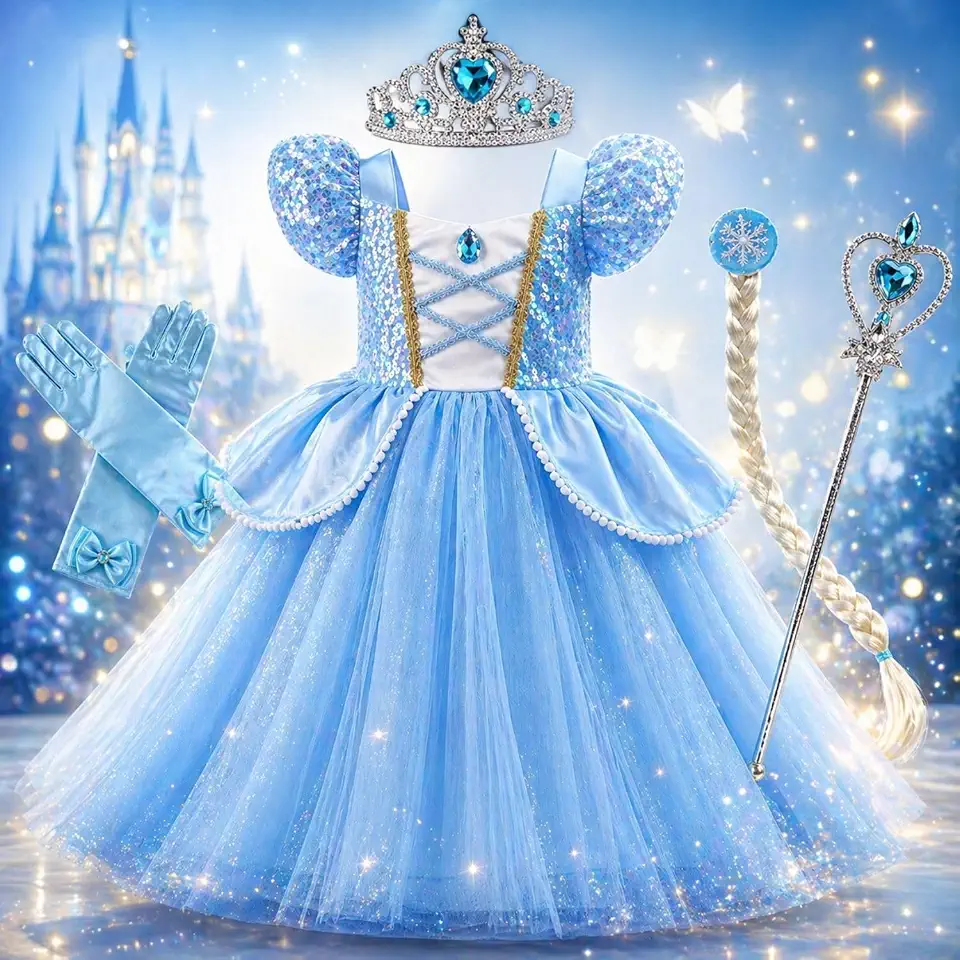 Fantasia Vestido Infantil Princesa Azul com Saia de Tule, Kit Completo com Tiara, Luvas, Varinha e Trança