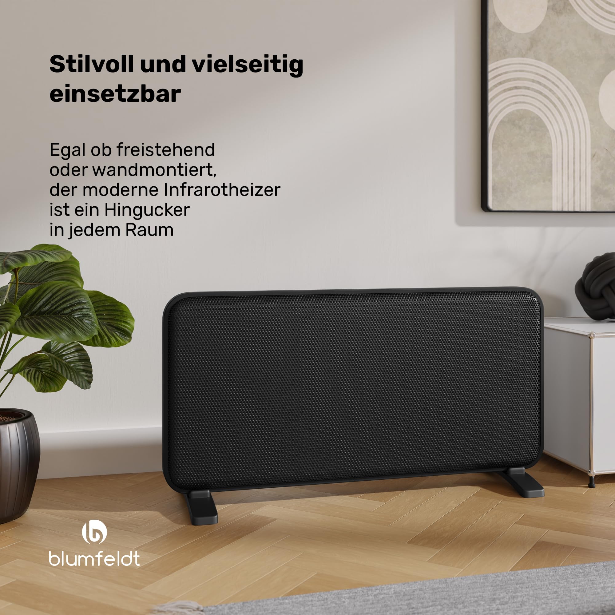 Blumfeldt Infrarotheizung 2000 W – Wandmontage & Standgerät, Graphen-Heizelement, App & Touch-Steuerung, Thermostat, IP24, Überhitzungs- & Umkippschutz, für Räume bis 20 m², Schwarz