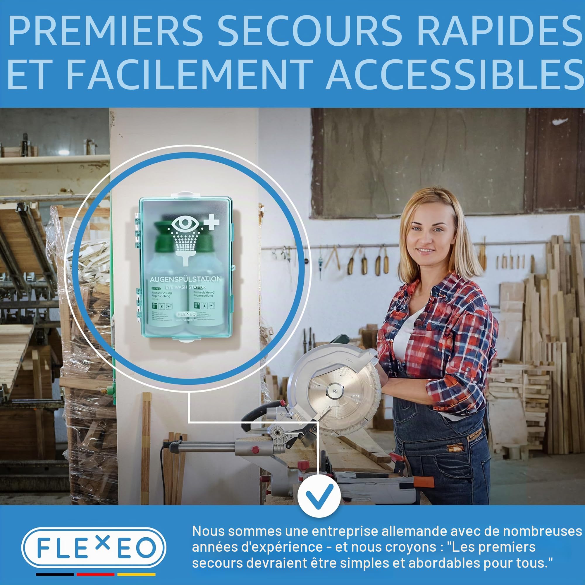 FLEXEO Station de lavage oculaire contient 2 bouteilles de 500 ml de solution saline et support mural - stérile 0,9 NaCl - eyewash - Rince-œil - station d'urgence