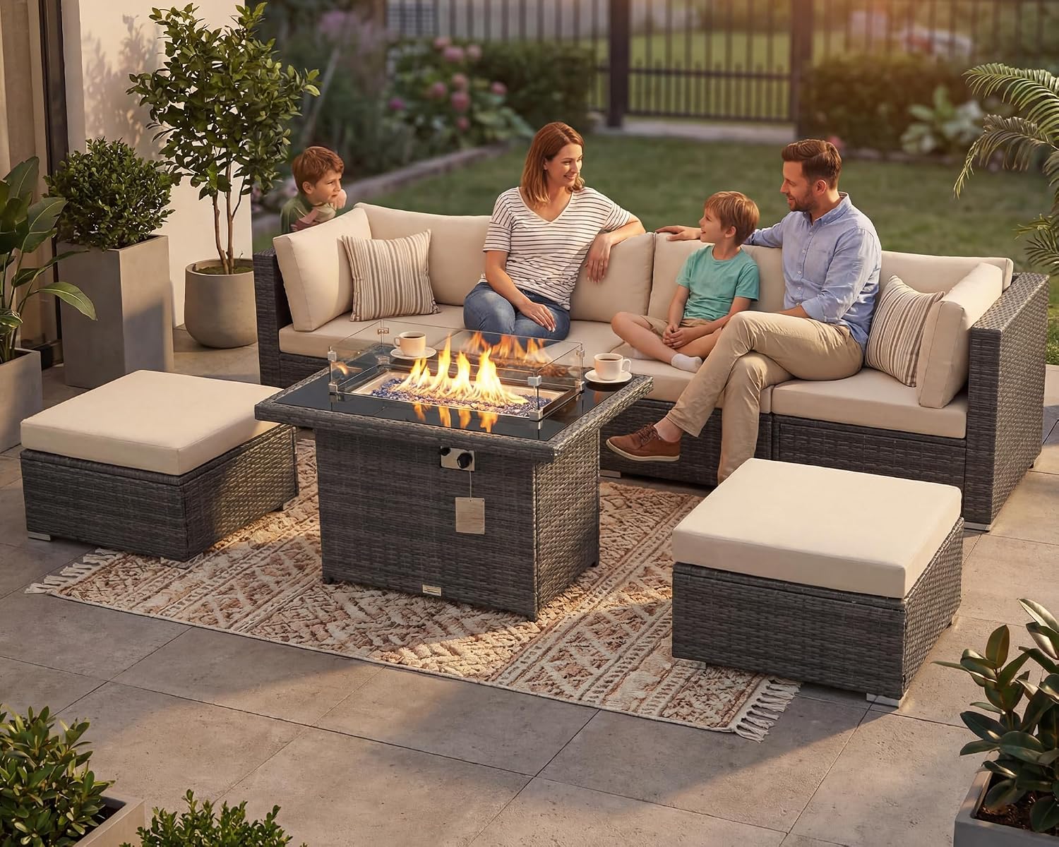 RADIATA 7 Piece Wicker Patio Furniture Set with Fire Pit, All-Weather Outdoor Sectional Couch High Back Large Size, Modular Backyard Seating Sofa Set with Propane/Natural Gas Firepit Table, Light Grey