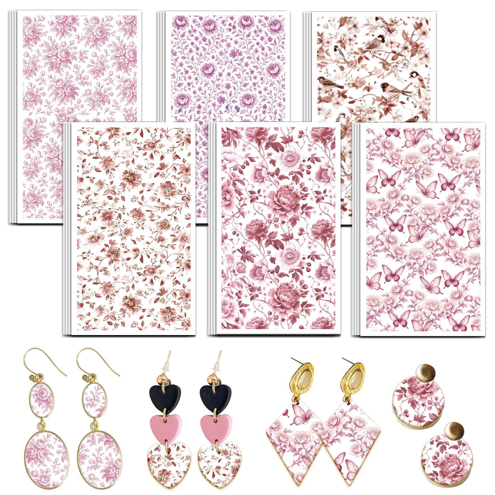 OLYCRAFT 24Pcs Pink Flower Clay Transfer Paper 6 Design Transfer Paper for Polymer Butterfly Bird Polymer Clay Transfers Sheets Peony Small Transfers Papers for Clays Earrings Jewelry Making
