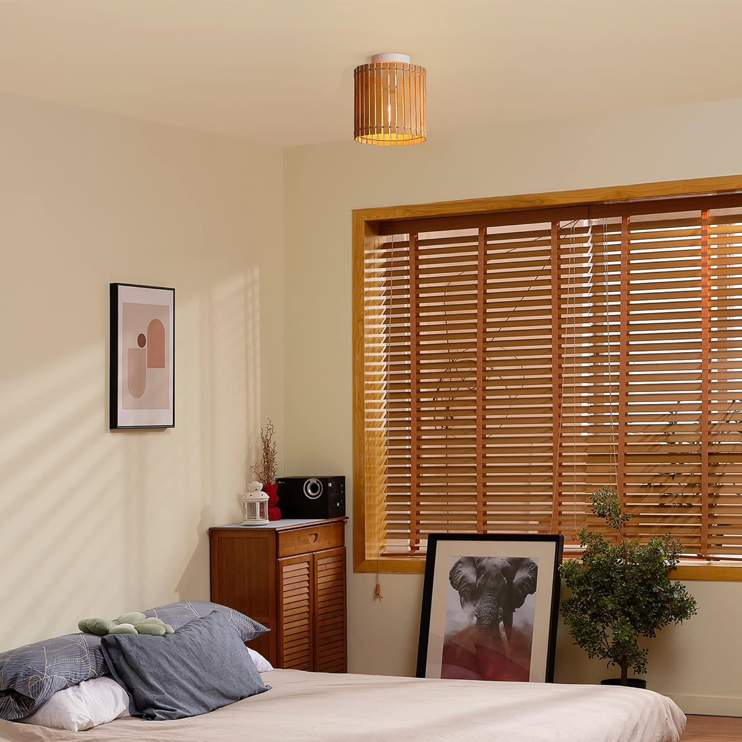 GLOBE Electric 65898 1-Light Flush Mount Ceiling Light, Matte White, Natural Bamboo Shade