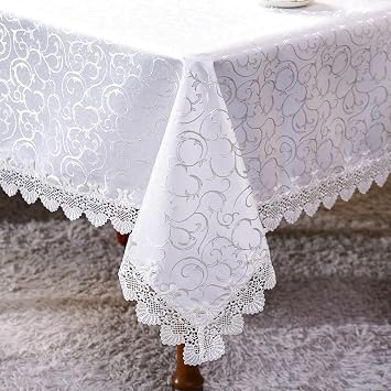 Rectangle Tablecloth White Lace Jacquard Table Protector Washable Reusable Fabric Table Cover for Kitchen Home Dining Wedding Coffee Outdoor Party Holiday Use White, 60 x 84 Inches