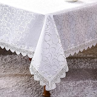Rectangle Tablecloth White Lace Jacquard Table Protector Washable Reusable Fabric Table Cover for Kitchen Home Dining Wedding Coffee Outdoor Party Holiday Use (White, 60 x 84 Inches)