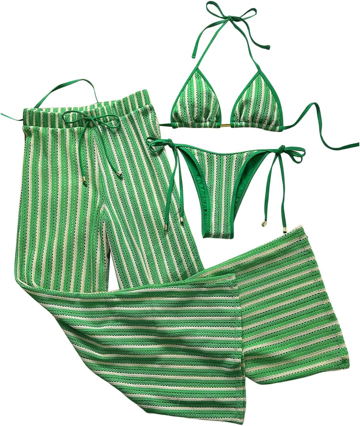 Verdusa Women's 3 Piece Cheeky Striped Crochet Bikini Set Halter Tie Side Swimsuits with Cover Up Pants 2026