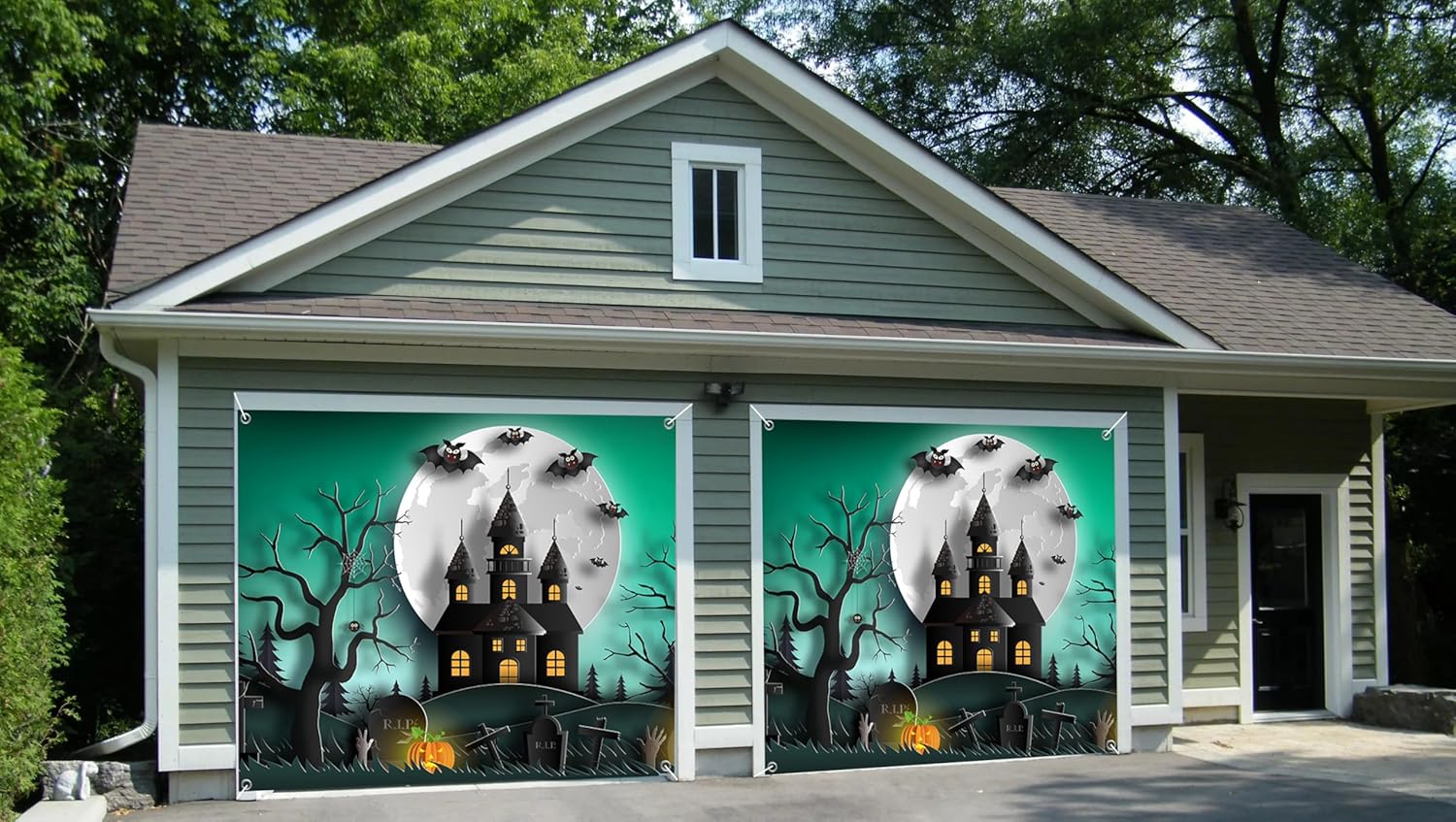 7x8ft Haunted Halloween Castle Garage Door Decor Giant Full Moon Bat Ensemble Gothic Mansion Gravestones Garage Door Cover for Seasonal Horror Themed Backdrop Decor
