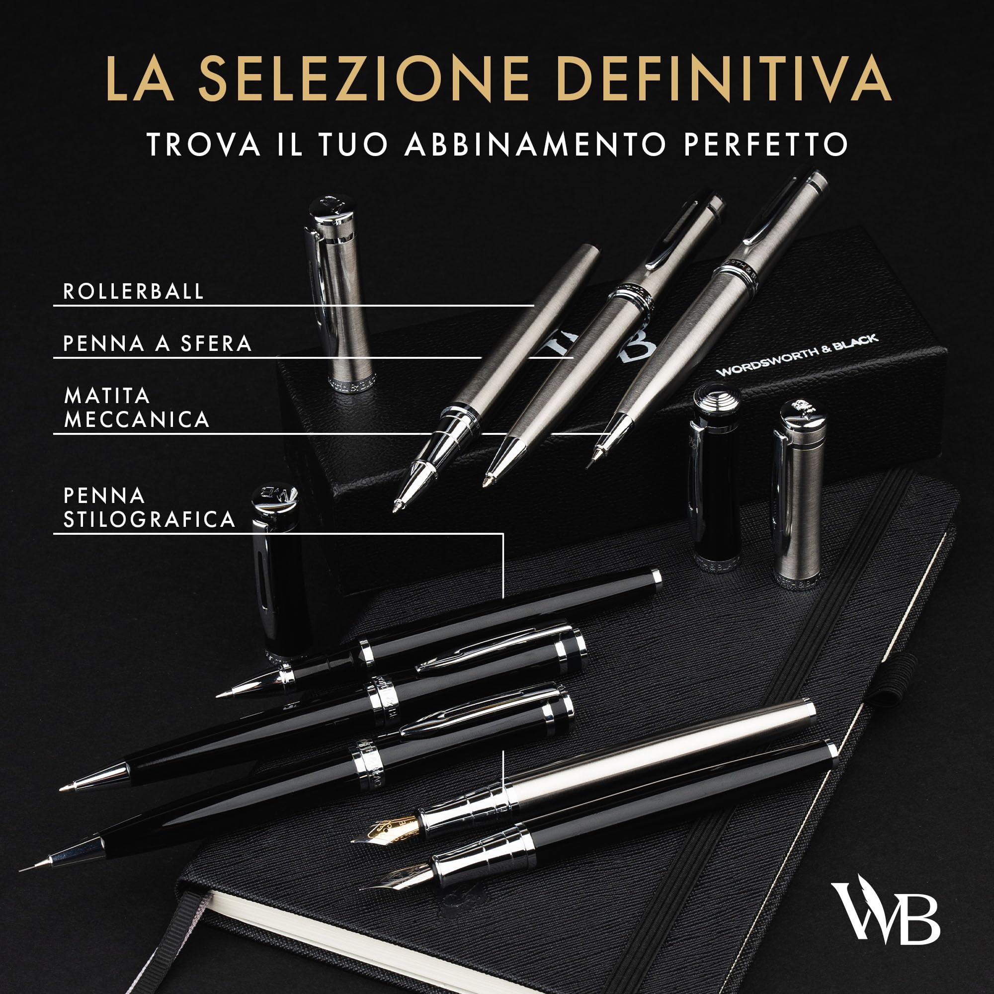 Wordsworth & Black Matita Meccanica Mina di Grafite - Laccatura Nera con Finitura in Oro 24K, Mina da 0,7 mm, Set Regalo per Uomo e Donna, Matite Professionali per Ufficio