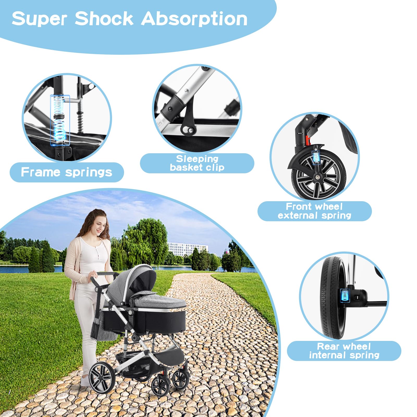 Cochecito Bebe 3 Piezas,el Chasis Delsilla de Paseo Ligera es de Aluminio, con clips para cestas de dormir,Silla de Paseo Reversible, Cubierta Para la Lluvia,Mosquitera, 0-48 Meses,22kg,Negro