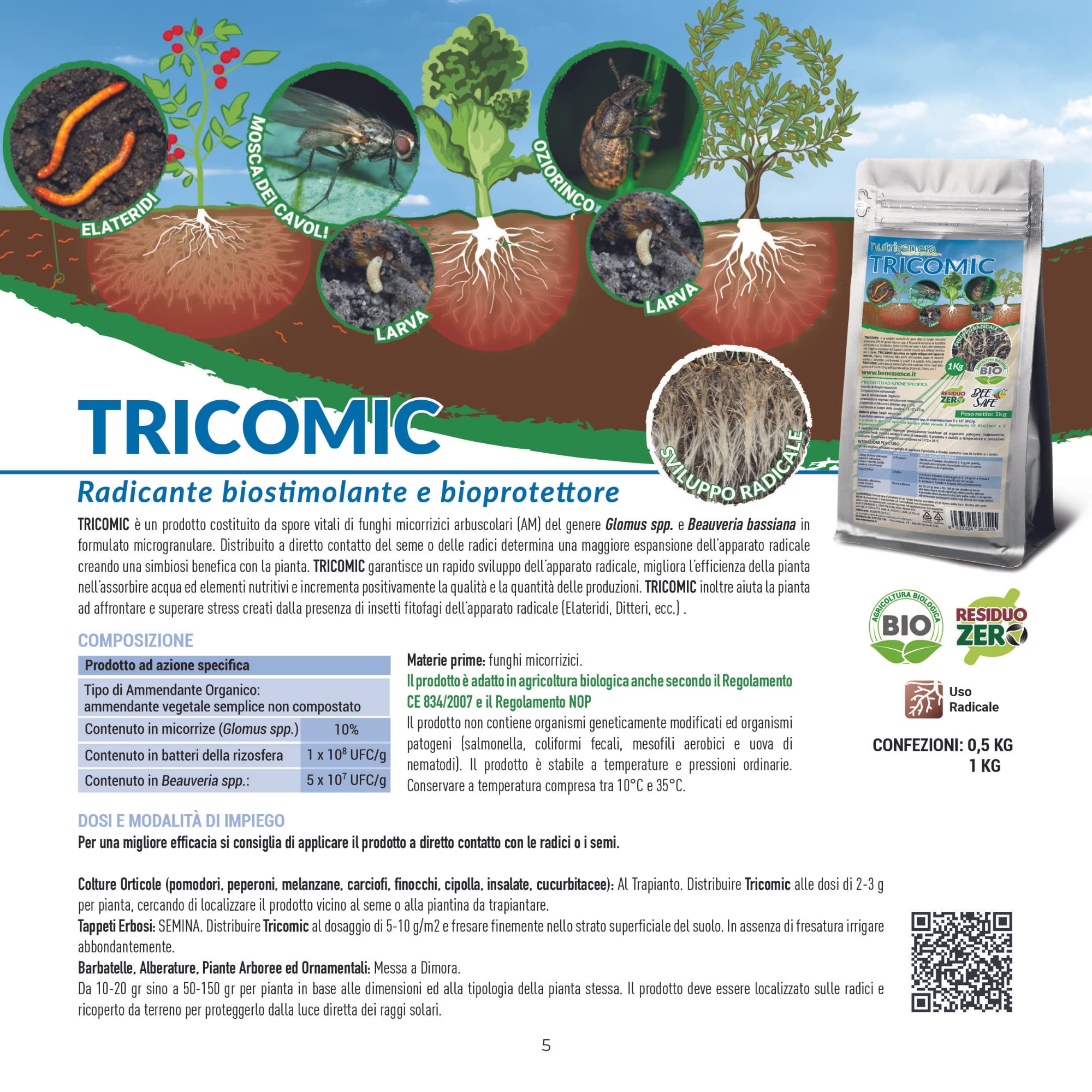 Nutrigenera - Tricomic Bio – Inoculo di funghi micorrizici, Beauveria bassiana, Metarhizium – Stimola l’espansione radicale – 1 Kg