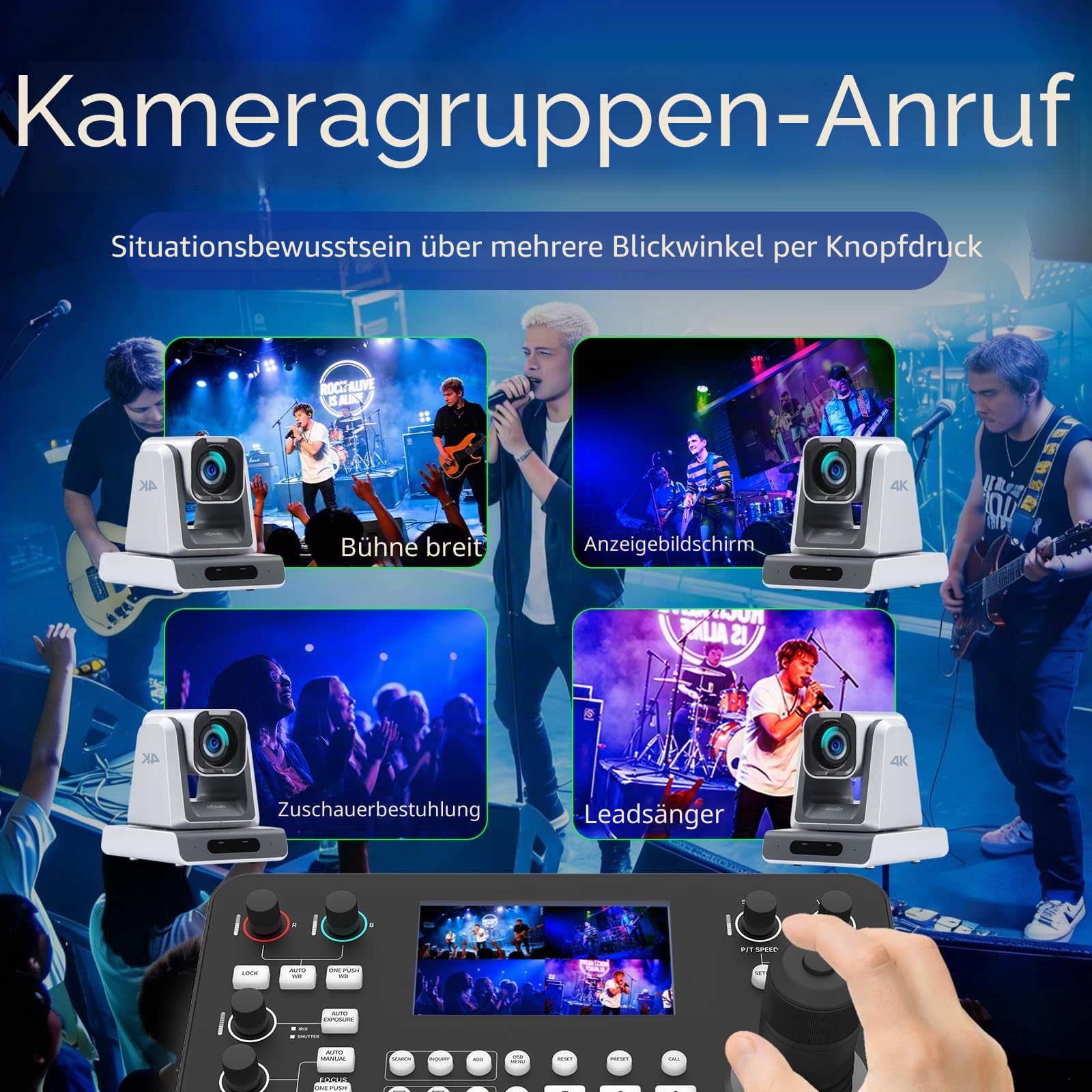 Zowietek PTZ-Controller mit NDI|HX3, 7D-Joystick-Tastatur, HDMI-Ausgang, 5" LCD-Quad-View, automatische Kameraerkennung, Gruppensteuerung, Tally und Audio-Ausgang