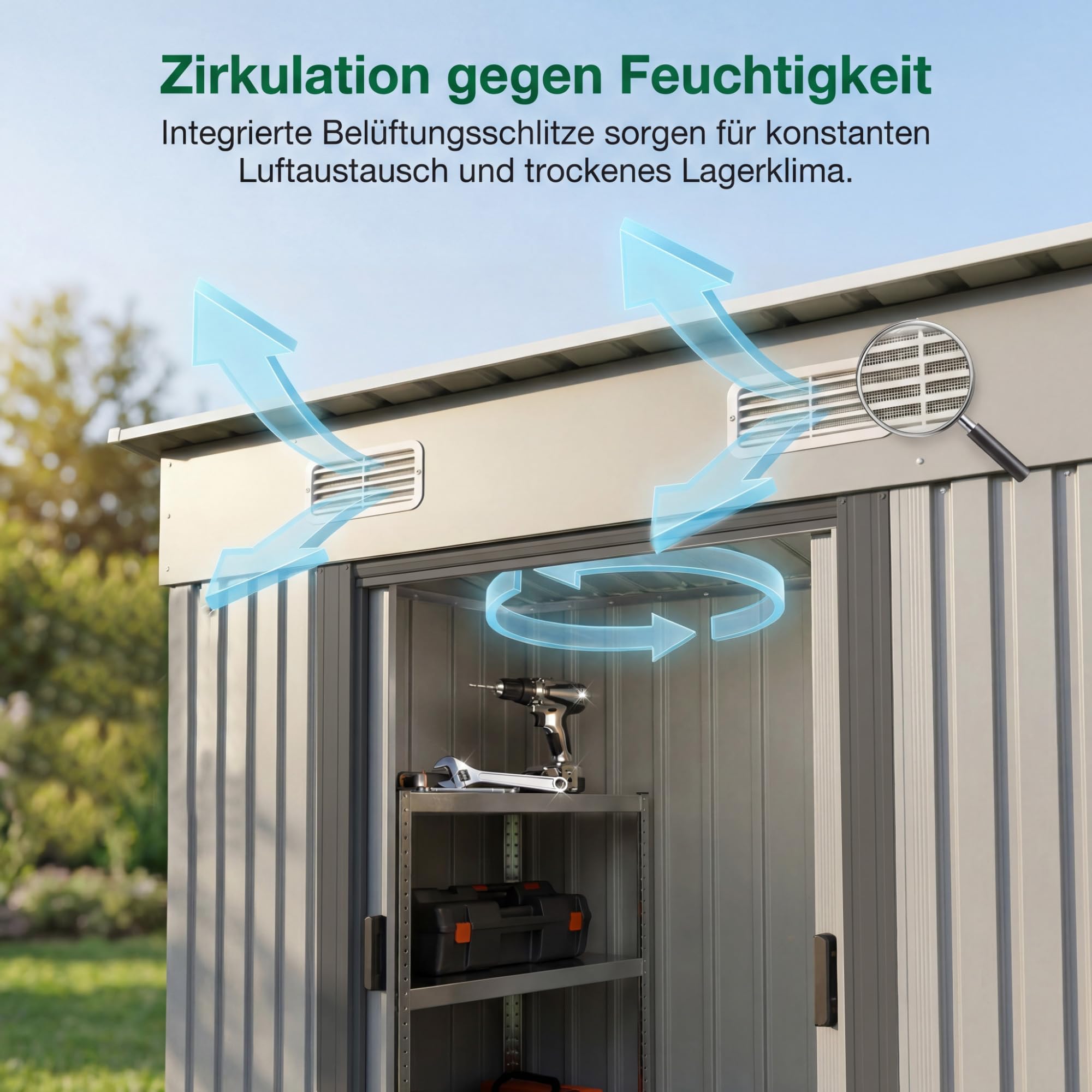 JUMMICO Metall Gerätehaus 3.63m³ Geräteschuppen 183x109x182cm, Gartenschuppen mit Fundament und Schiebetüre, Gartenhaus für Gartengeräte und Mülltonnen, Silber