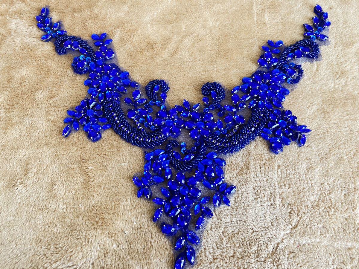 Handmade Rhinestones lace Applique handsewing Beads Trim Patches Neckline for Dress Clothes Accessory (Blue) - Image 3