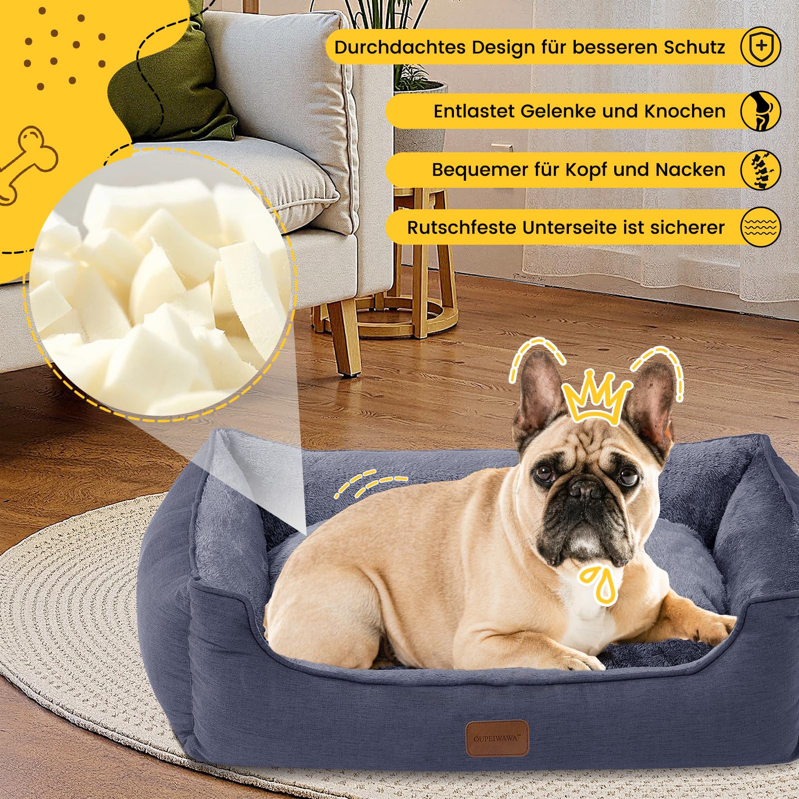 Cama ortopédica para perros medianos y grandes, 73 x 59 x 18 cm (zona de dormir 51 x 41 cm), cesta para perros con borde alto, funda extraíble y lavable, antideslizante, gris oscuro