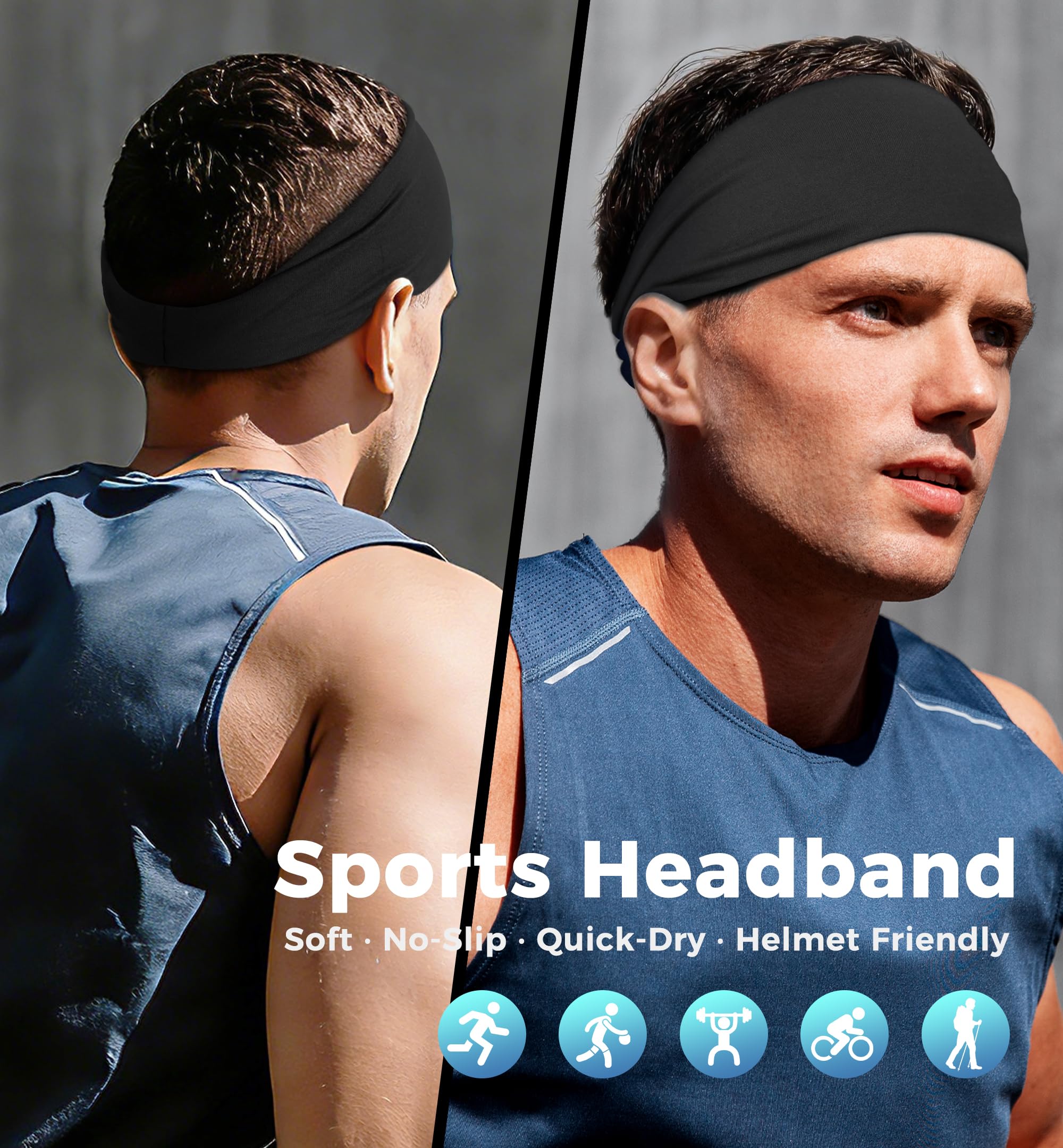HiRui Stirnbänder für Damen und Herren (5er-Pack), Lauf-Stirnbänder, feuchtigkeitsableitend, Workout, Schweißband, Sport-Stirnband für Radfahren, Basketball, Yoga, Fitness