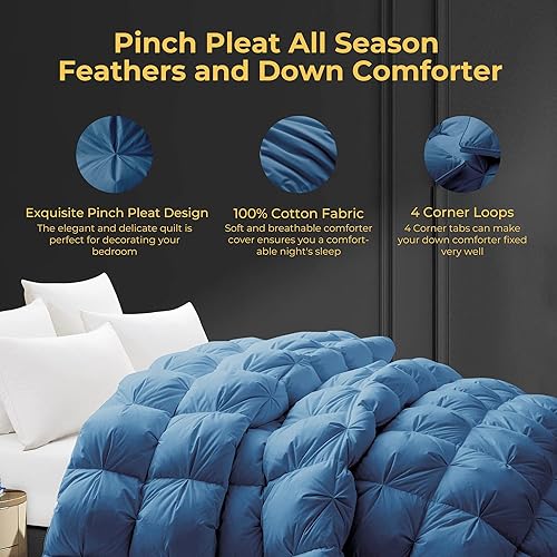 Miniatura 2 de Edredón plisado de plumas de ganso, 100% algodón, tamaño matrimonial, 82 x 86 pulgadas, para todas las estaciones, con 8 pestañas, relleno de