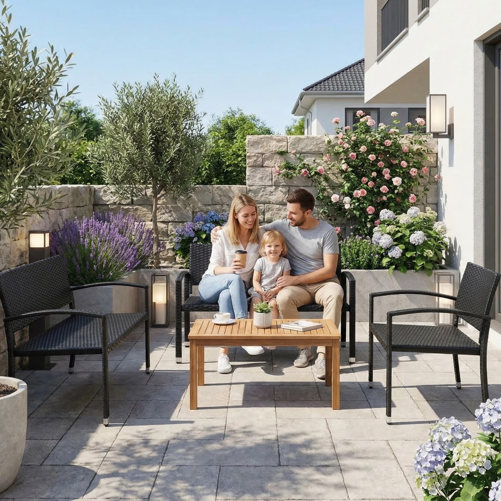 LIFERUN Gartenbank Rattan, Polyrattan Sitzbank Wetterfest, 2 Sitzer Balkon Bank, 320kg Belastbar, 122x60x85cm, Gemütliche Gartenmöbel Bank, Parkbank, Einseitiges Rattan, Sitzbank Outdoor, Schwarz