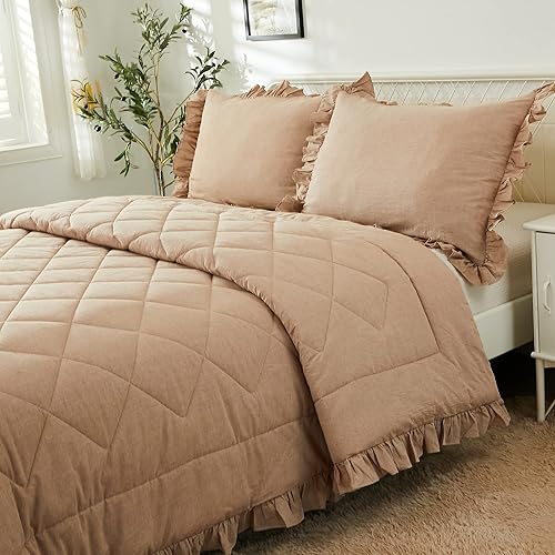 Perkily Juego de edredón de 3 piezas, 100% algodón lavado con relleno de microfibra suave, estilo bohemio, con volantes, ligero, para todas las