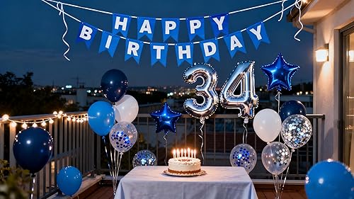 Vista 38 de Decoración de fiesta de cumpleaños número 31, color azul plateado para hombres, pancarta de feliz cumpleaños número 31, globos de papel de aluminio