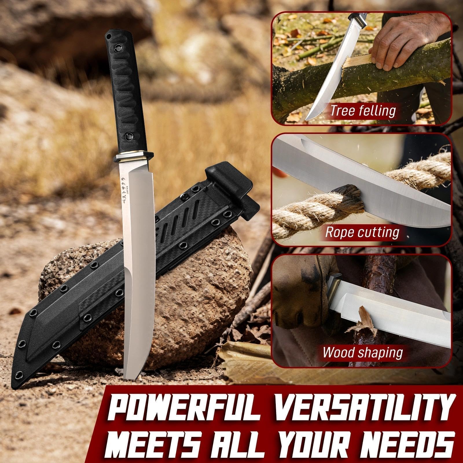 Freelander Großes Outdoor Messer Survival, Machete Scharf Echt Japanisch aus D2 Stahl, Jagdmesser Feststehende Klinge mit 6mm Klingenstärke, Outdoor Bushcraft Camping Messer mit Scheide
