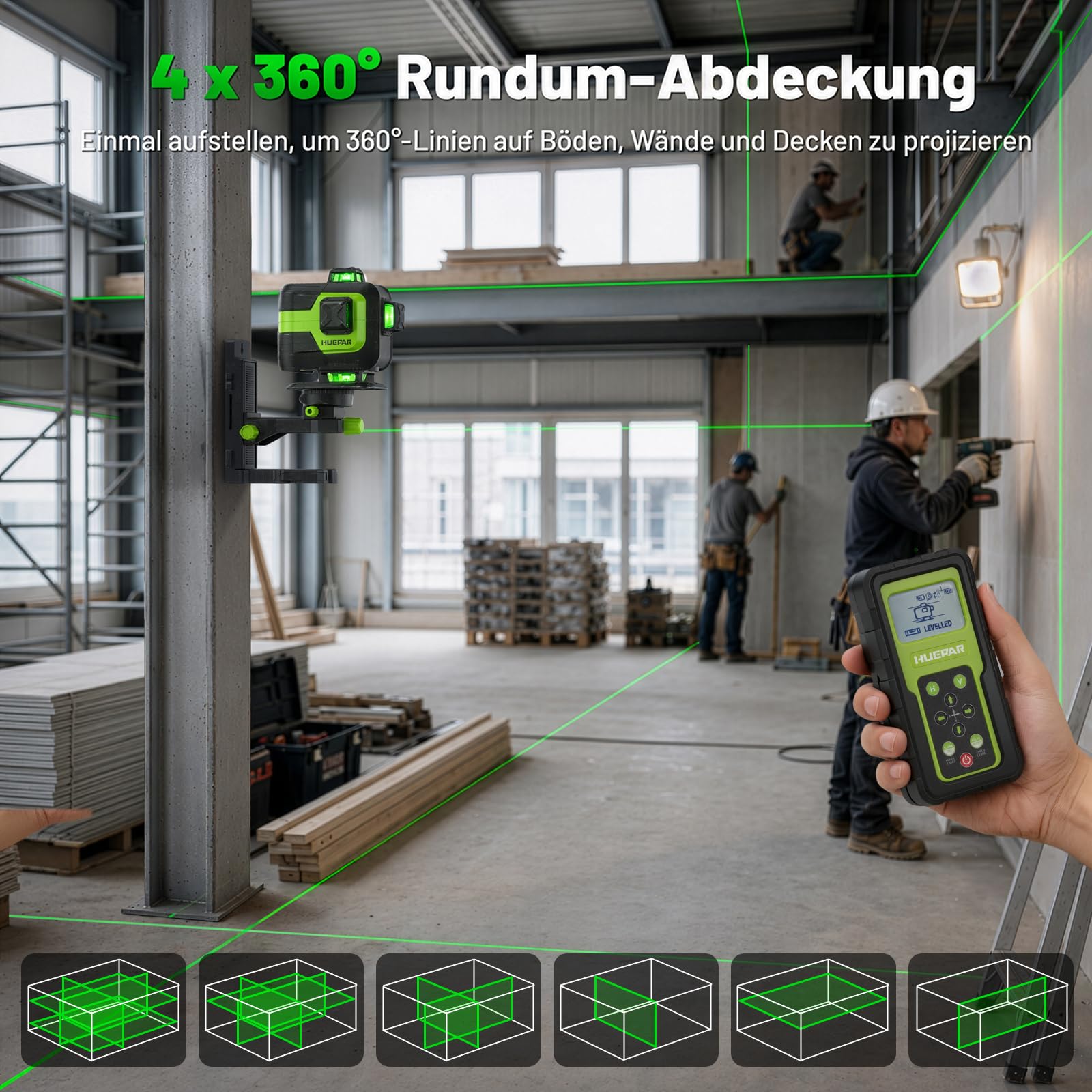 Huepar Niveau Laser 4D 16 Lignes avec Mise à Niveau Électronique, 704CG-D