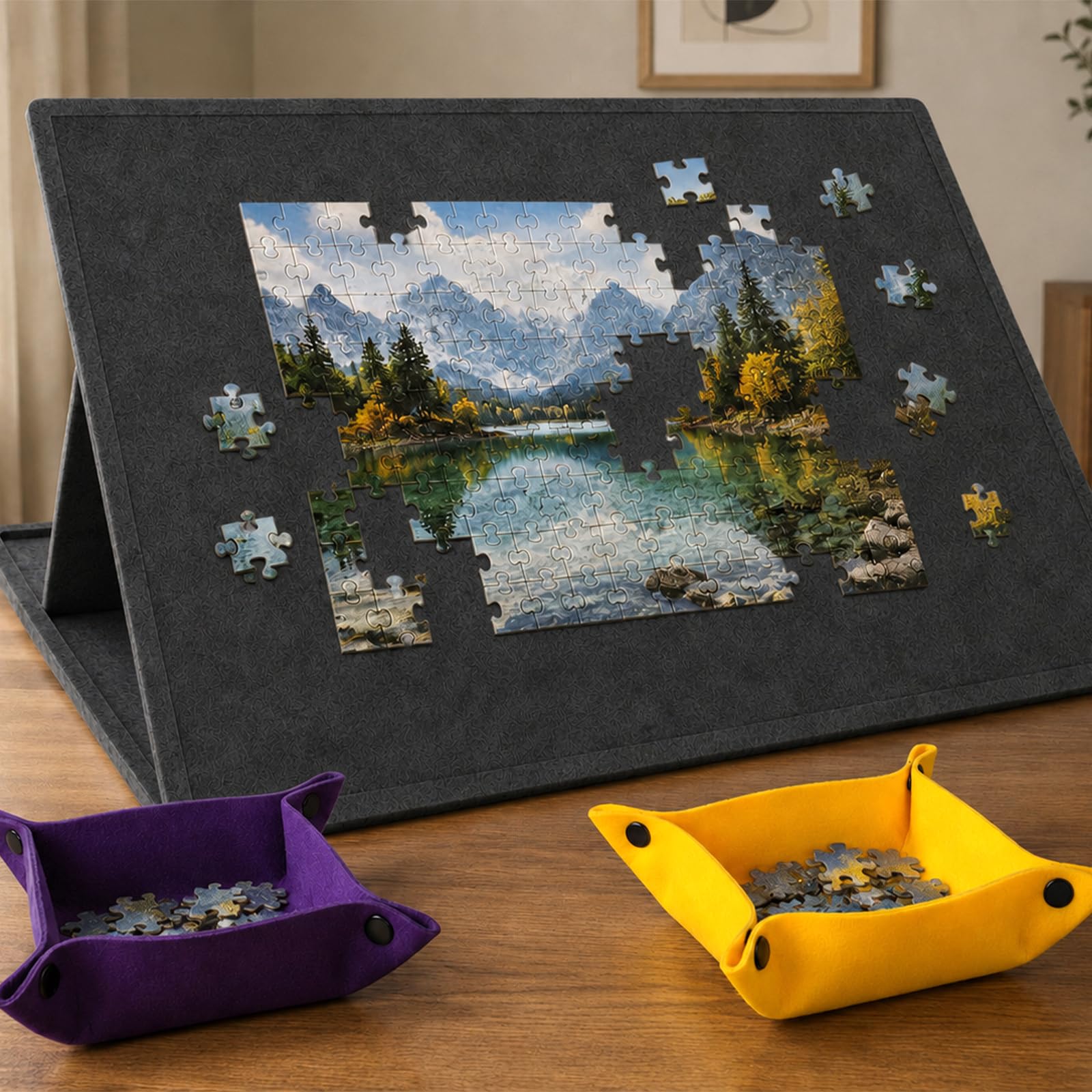Składany stół do puzzli z 3 kątami nachylenia, 78 x 55 cm, na 1000 części, z 6 kolorowymi tacami do sortowania i rolką z filcu ochronnego, ergonomiczny stół puzzli, pyłoszczelny, antypoślizgowy i