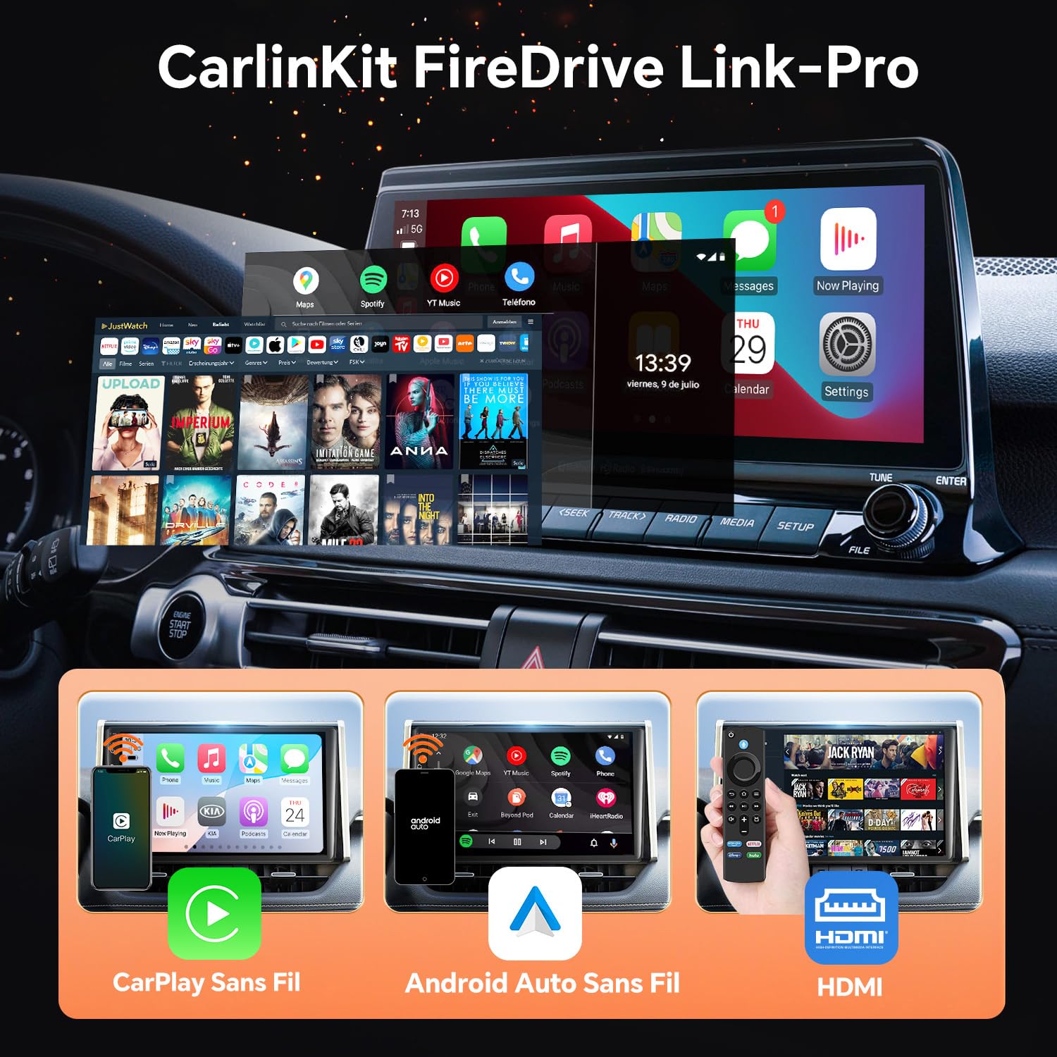 Carlinkit FireDrive Link Pro Adaptateur TV Stick vers CarPlay, convertit CarPlay filaire en HDMI, prend en charge CarPlay sans fil et Android Auto, conserve les commandes OEM et le micro, Plug & Play