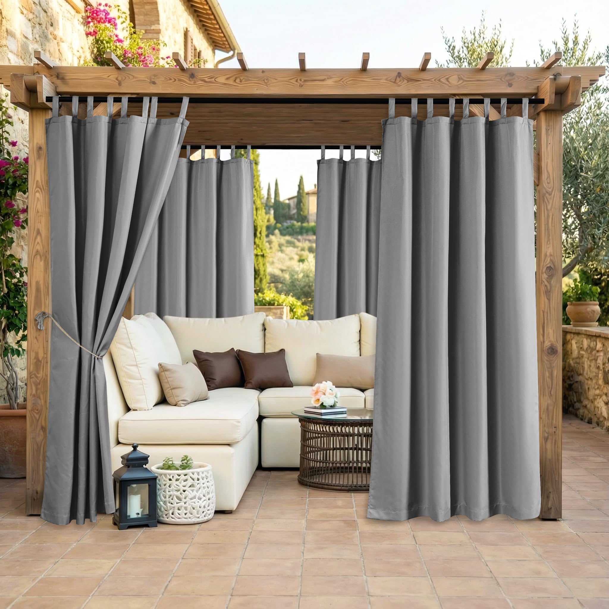 Clothink 2er Set Outdoor Vorhang Wetterfest Klettverschluss, Outdoorvorhänge Wasserdicht Outdoor Gardinen Sonnenschutz Sichtschutz für Balkon Pergola Terrasse Veranda (255x275cm, Grau)
