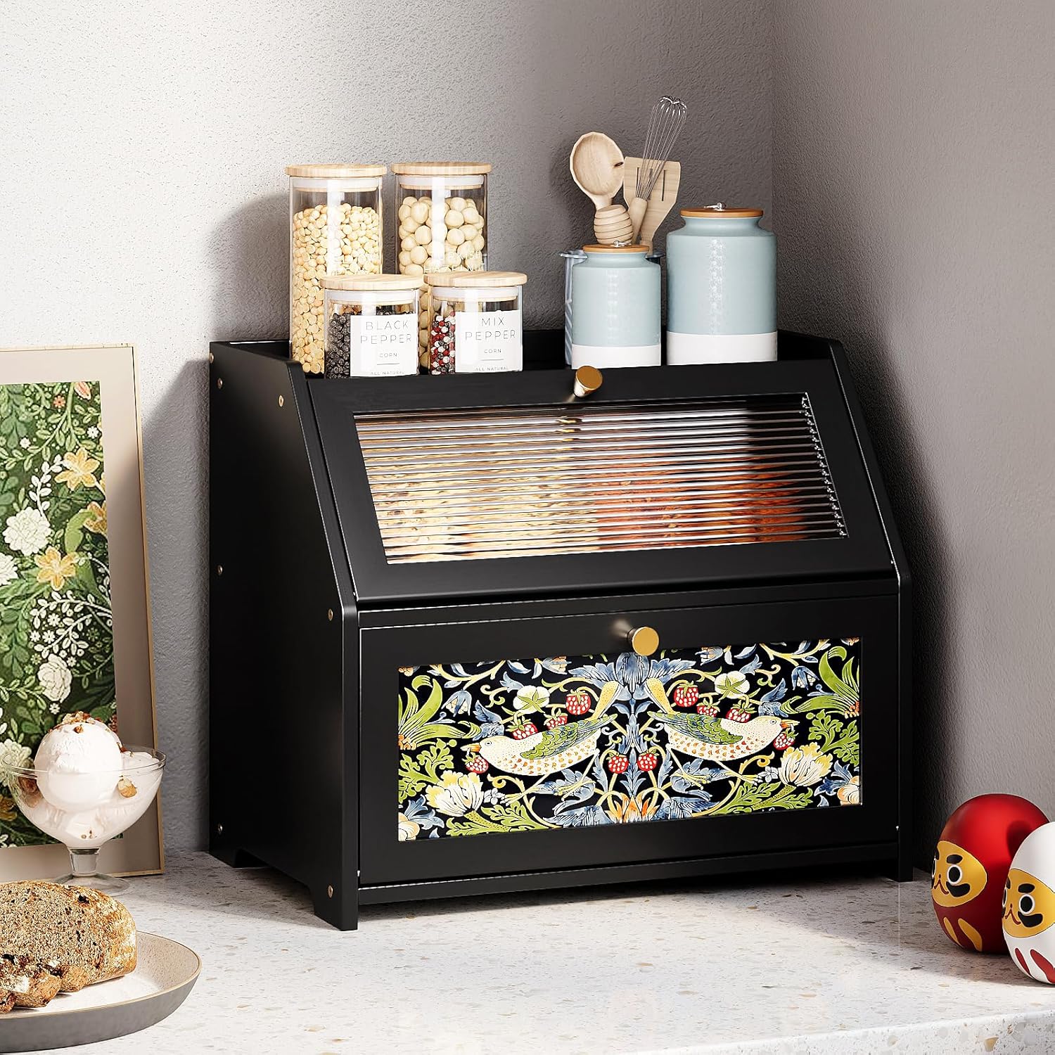 Bamboo Bread Box for Kitchen Counter Black Bread Storage Container with Acrylic Door William Morris Flower Bird Design Farmhouse Breadbox Organizer (Black, 2 Layer)