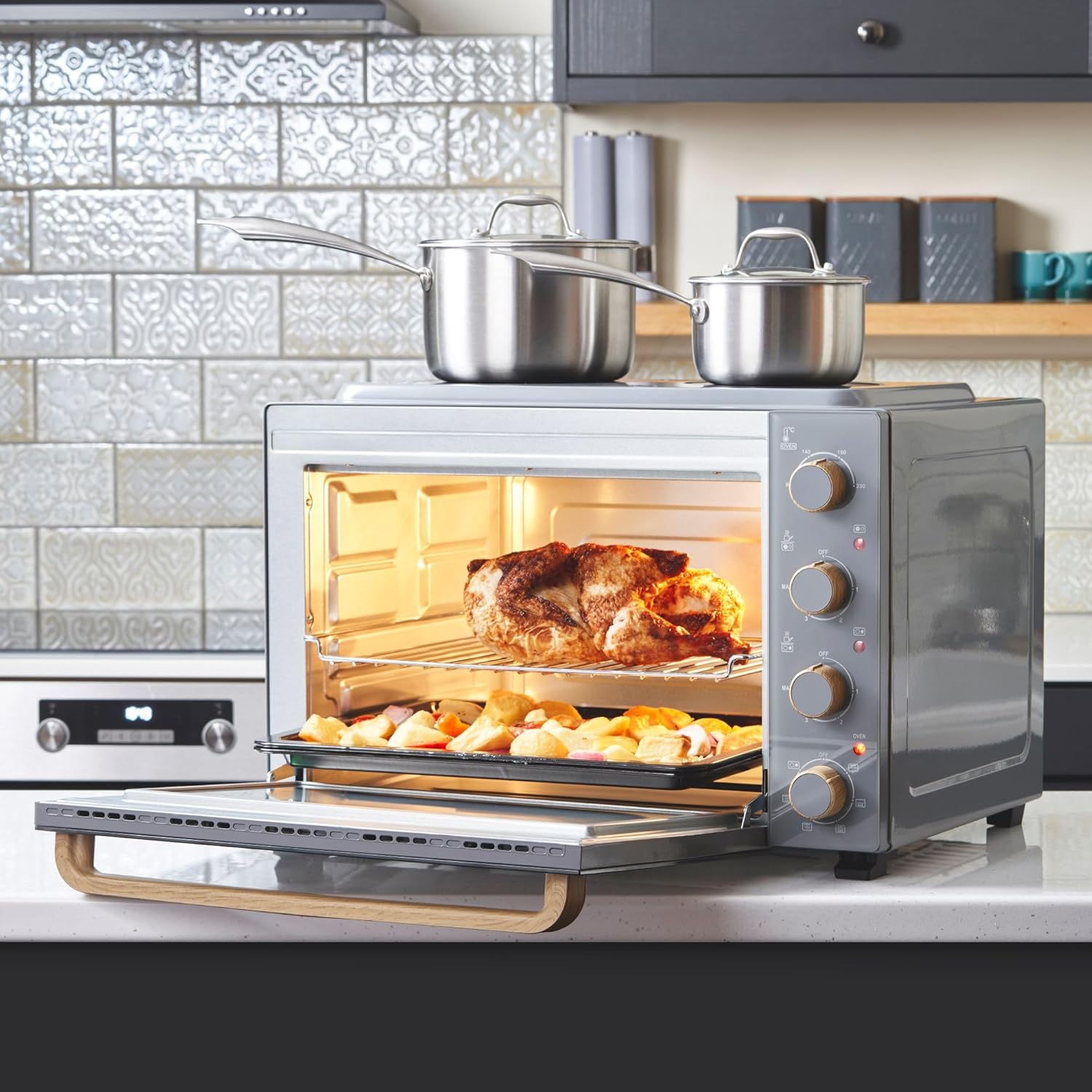 Cooks Professional Mini Oven with Ceramic Hobs | Energy Efficient Electric Countertop Cooker with Two Hobs & Wire Rack Baking Tray | Kitchen Table Top Grill Ovens | 48L Capacity... - Image 3