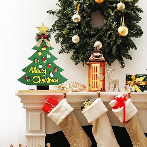 Miniatura 5 de Hedeey Árbol de Navidad de madera de 13 pulgadas con letrero de Feliz Navidad, centros de mesa con base y 10 pequeños adornos de Navidad para