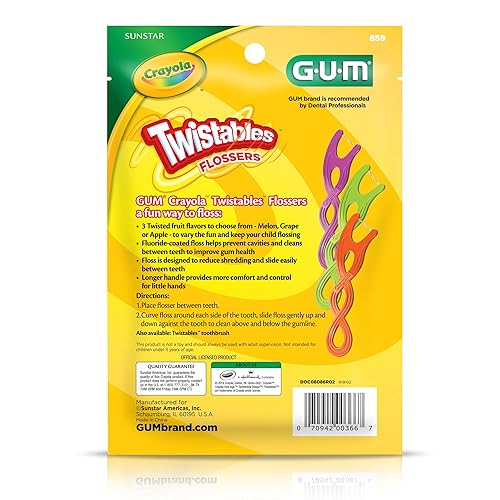 Miniatura 8 de GUM Crayola Twistables - Hilo dental para niños con flúor, diseñado para manos pequeñas, tres divertidos sabores de frutas, palillos de hilo dental