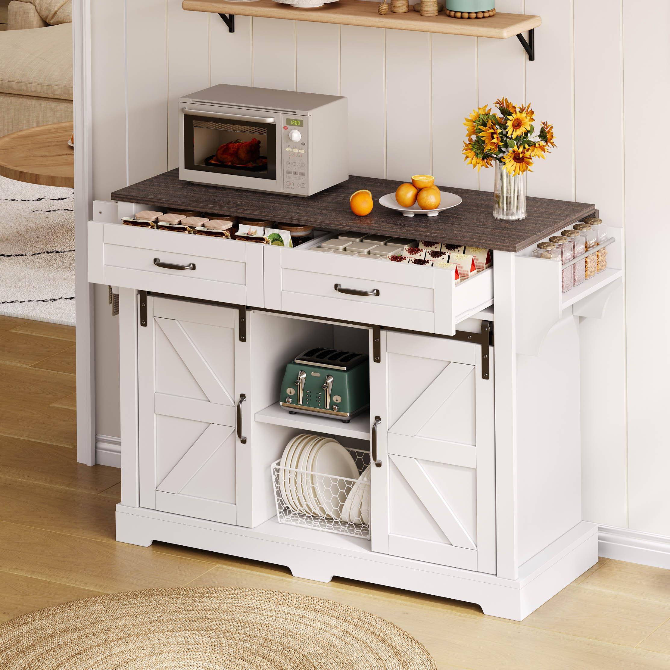 Isla de cocina con encimera plegable, carrito de cocina con ruedas, armario de cocina con 2 puertas correderas y 2 cajones, armario de almacenamiento de cocina, 120 × 45 (70)× 91 cm (blanco)