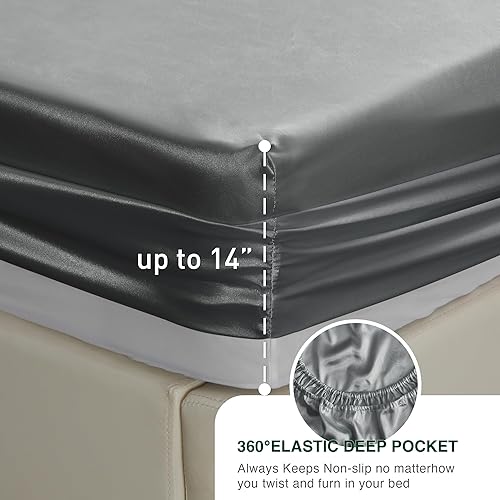 Miniatura 5 de Love's cabin Juego de sábanas de satén de tamaño matrimonial juego de sábanas de satén sedoso de 4 piezas color gris oscuro con bolsillo profundo,