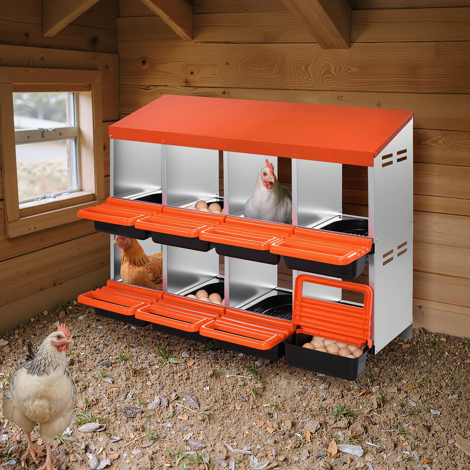 VEVOR Pondoir à Poules, 8 Compartiments, Nichoir en Métal à 2 Niveaux, avec Plateau Incliné, Couvercles de Protection, Espace de Ponte Spacieux, pour Différentes Races de Poules, Canards, Volailles