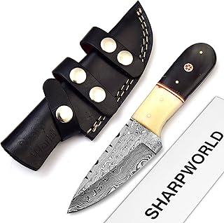 Beautiful Damascus Knife Made Of Remarkable Damascus Steel and Exotic Handle -Best Hunting Knife With Leather Sheath TJ101 (Camel Bone and Horn) - SharpWorld