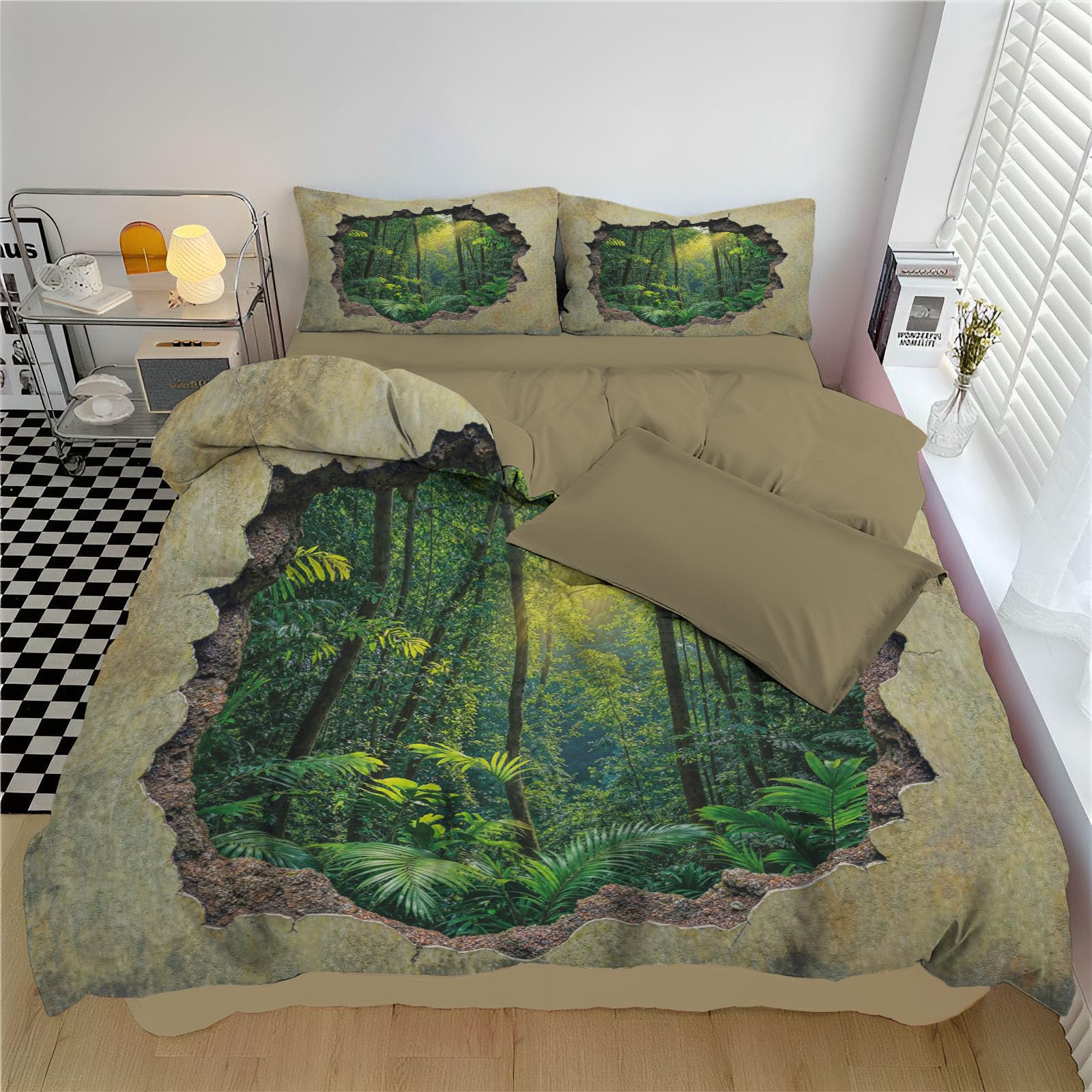 Housse de couette 220x240cm imprimé forêt tropicale et zip invisible en microfibre douce